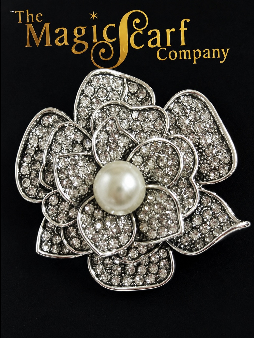 Silver Crystal Encrusted Flower Brooch